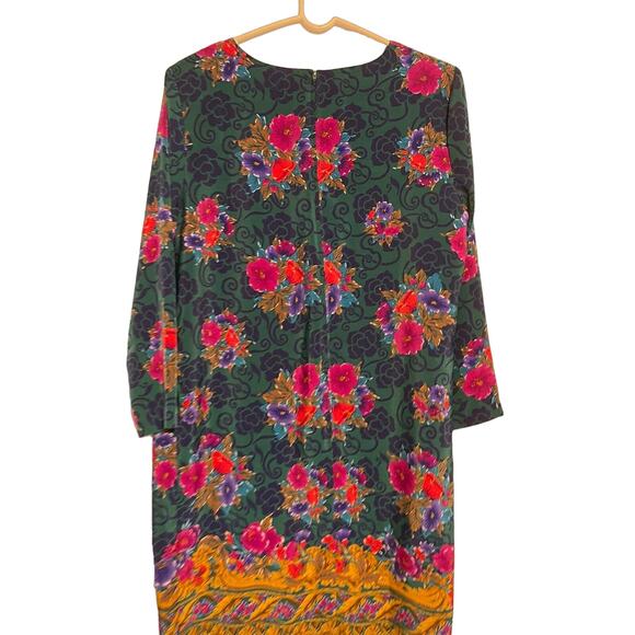 Susan Graver Border Bouquet Green Print Dress Lg 14/16 - Picture 5 of 8
